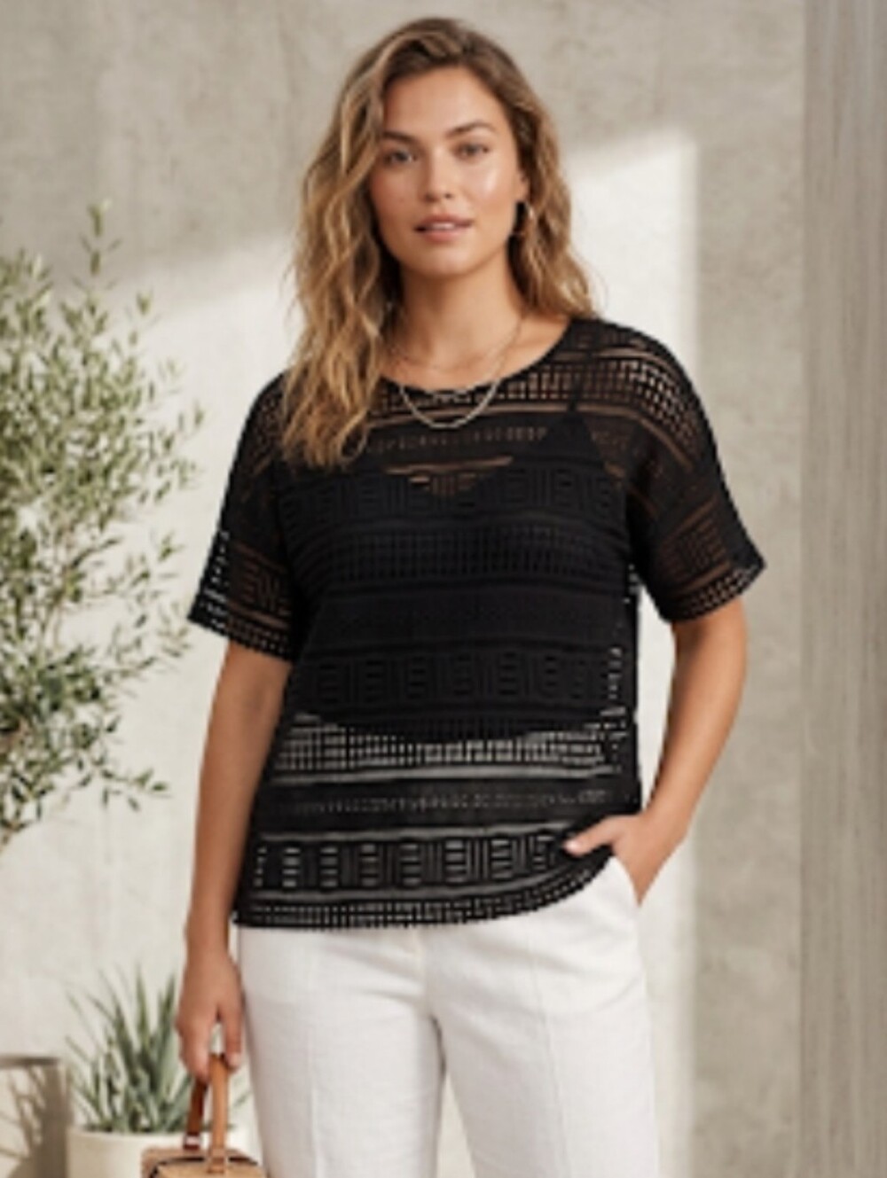 Vince Black Openwork Short-Sleeve Crochet Top